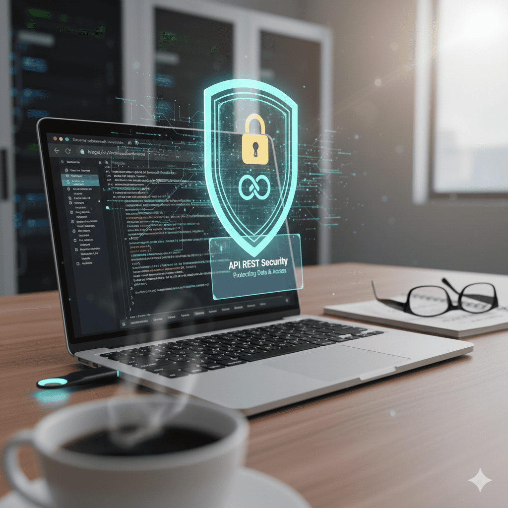 Illustration d'une API sécurisée avec un cadenas et des connexions réseau