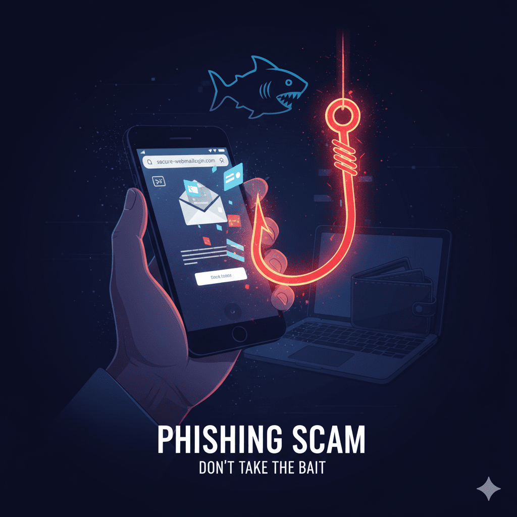 Image de phishing avec un pirate informatique qui tient une canne à pêche avec au bout une enveloppe qui symbolise un email