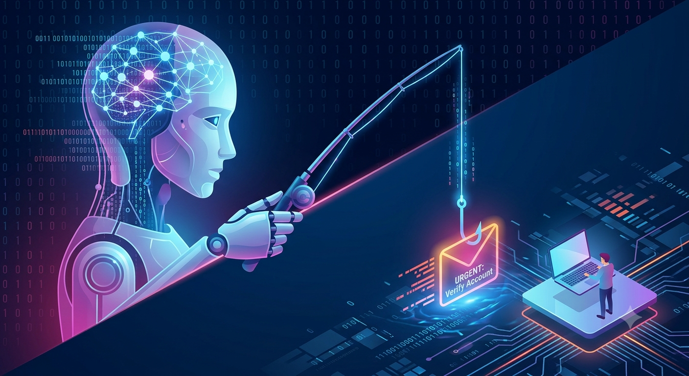 Illustration du phishing assisté par intelligence artificielle avec deepfakes et emails frauduleux générés par IA
