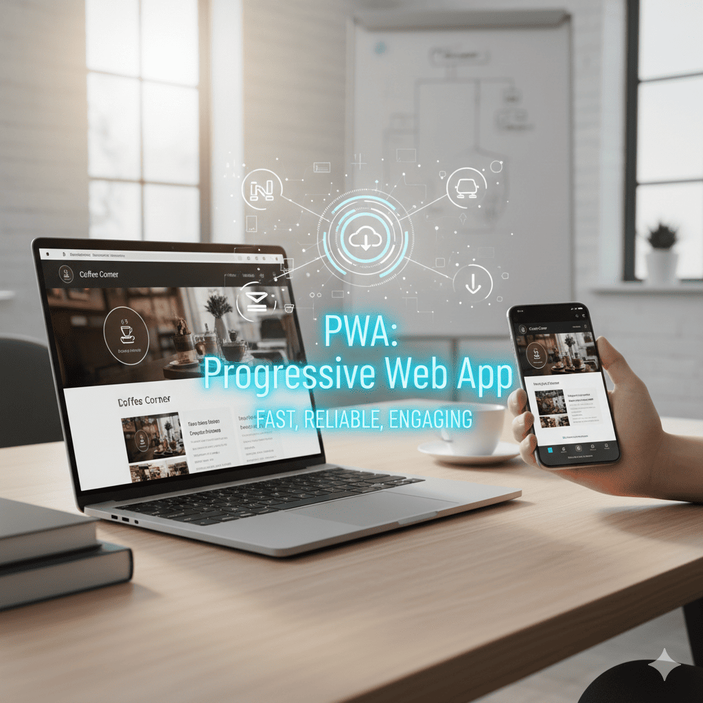 Illustration d'une Progressive Web App avec un smartphone et des icônes d'application
