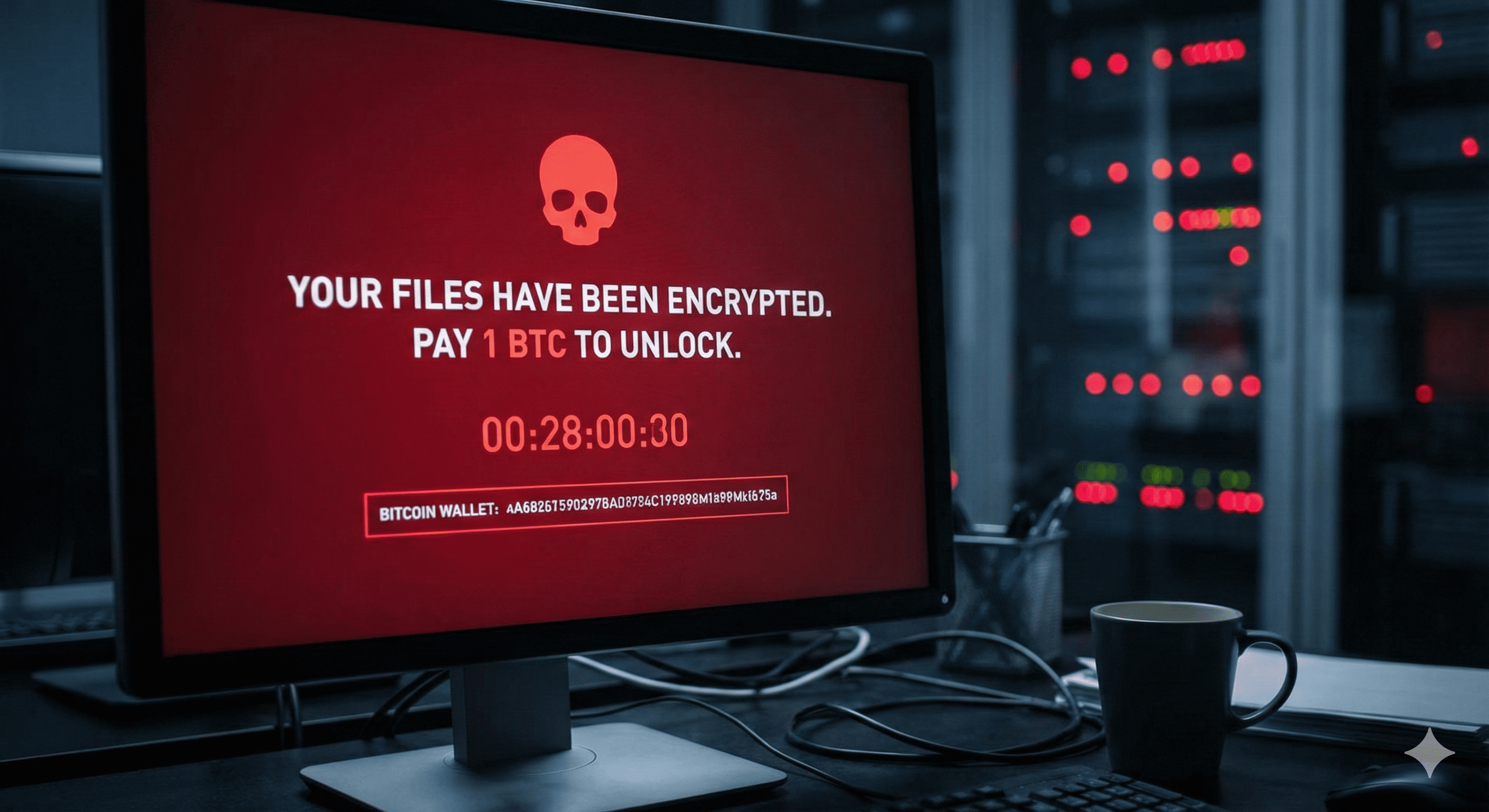 Illustration d'un ransomware avec un cadenas verrouillé et un écran d'ordinateur montrant une demande de rançon