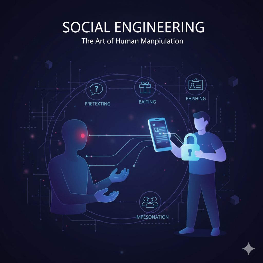 Social engineering écrit en blanc sur fond noir en un ? entre les deux mots représentant la tête d'un humain